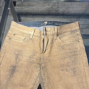 7 For All Mankind metallic gold coated Skinny Jeans with Subtle Distressing